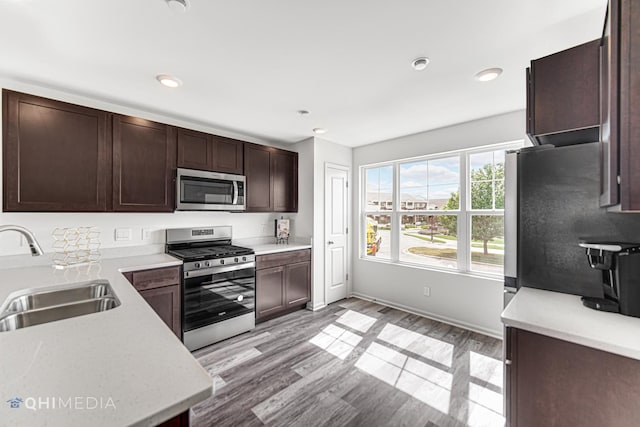 kitchen featuring dark brown cabinetry, sink, light hardwood / wood-style floors, and appliances with stainless steel finishes