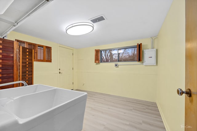 laundry area featuring light hardwood / wood-style floors, sink, and electric panel