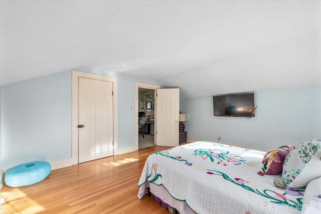 bedroom featuring lofted ceiling and wood-type flooring