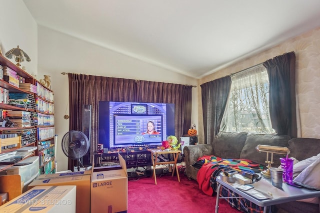 office area with carpet and vaulted ceiling