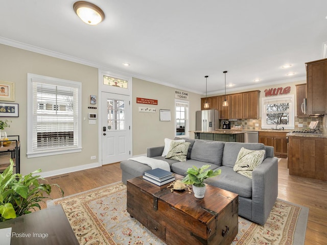 living room with ornamental molding, light wood-type flooring, and sink