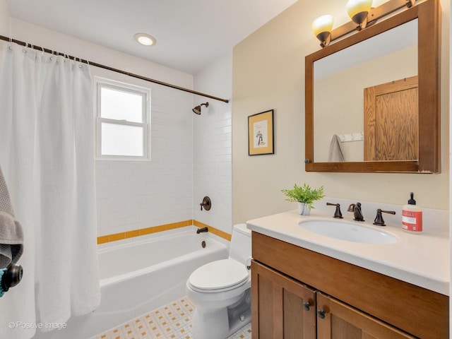 full bathroom featuring toilet, shower / tub combo, tile patterned floors, and vanity