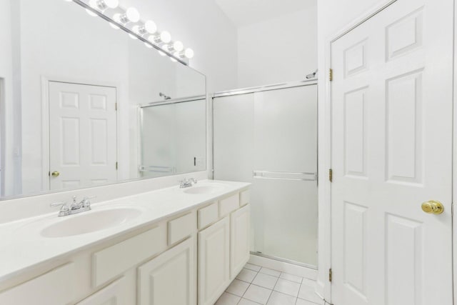 bathroom featuring vanity, tile patterned flooring, and a shower with shower door