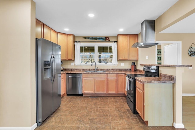 kitchen with sink, light brown cabinets, stainless steel appliances, kitchen peninsula, and exhaust hood