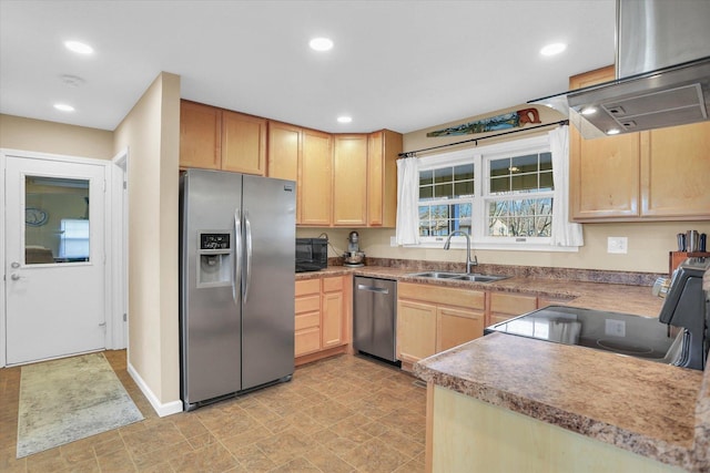 kitchen featuring ventilation hood, light brown cabinetry, sink, and appliances with stainless steel finishes