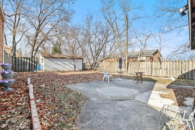 view of yard with a shed and a patio