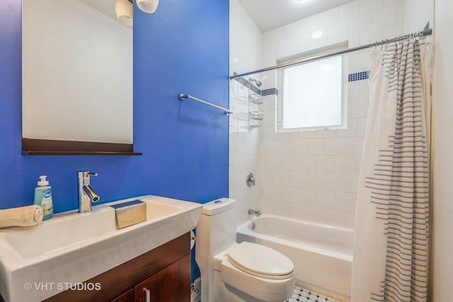 full bathroom with vanity, toilet, and shower / bathtub combination with curtain