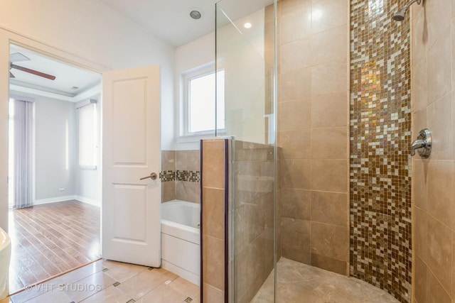 bathroom with separate shower and tub, tile patterned floors, ceiling fan, and crown molding