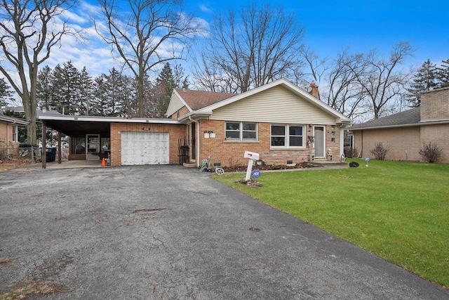 single story home featuring a front yard, a garage, and a carport