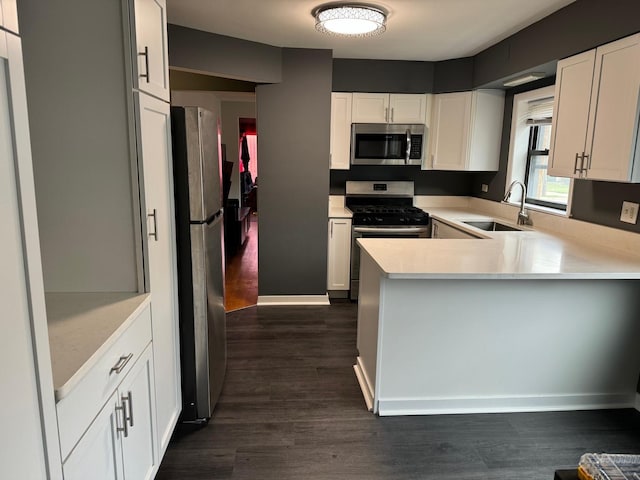 kitchen featuring kitchen peninsula, stainless steel appliances, dark wood-type flooring, sink, and white cabinetry