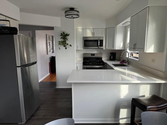 kitchen featuring sink, kitchen peninsula, appliances with stainless steel finishes, dark hardwood / wood-style flooring, and white cabinetry