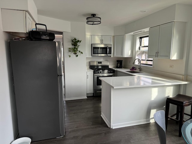 kitchen featuring dark wood-type flooring, white cabinets, sink, kitchen peninsula, and stainless steel appliances