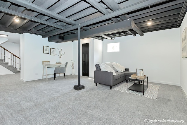 basement featuring carpet flooring