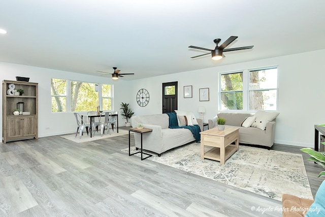 living room featuring ceiling fan, a healthy amount of sunlight, and light hardwood / wood-style floors