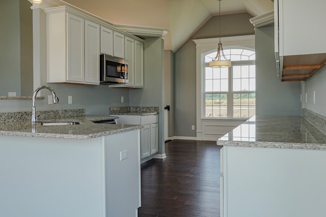 kitchen with dark wood-style flooring, stainless steel microwave, hanging light fixtures, a sink, and light stone countertops