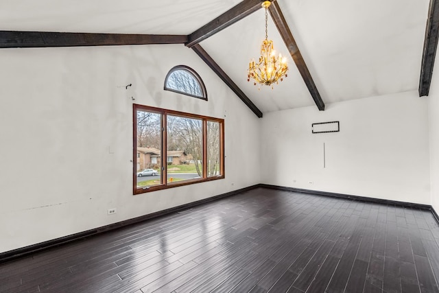 interior space featuring lofted ceiling with beams, an inviting chandelier, and dark wood-type flooring