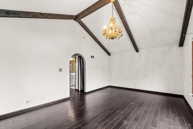 unfurnished room featuring a chandelier, beamed ceiling, dark wood-type flooring, and high vaulted ceiling