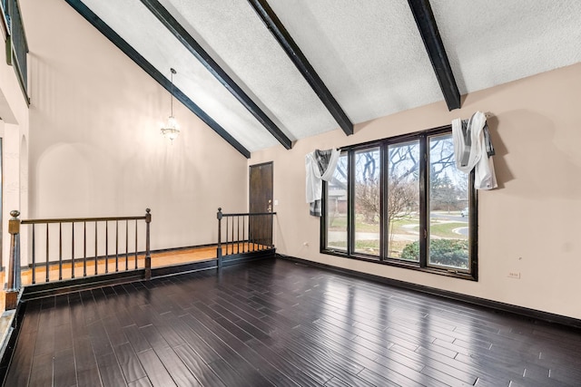 interior space featuring beamed ceiling, dark hardwood / wood-style flooring, high vaulted ceiling, and a chandelier