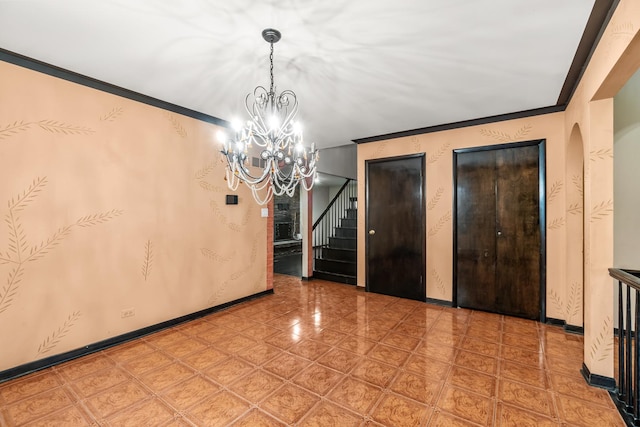 unfurnished dining area with a chandelier and crown molding