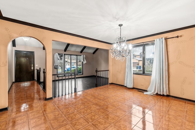 unfurnished dining area featuring tile patterned flooring, ornamental molding, vaulted ceiling with beams, and a notable chandelier