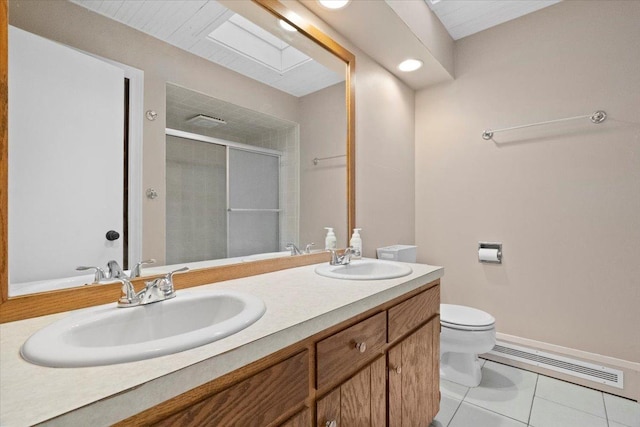 bathroom with tile patterned floors, vanity, toilet, and walk in shower