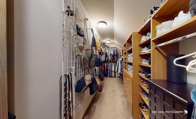 walk in closet with lofted ceiling and light colored carpet