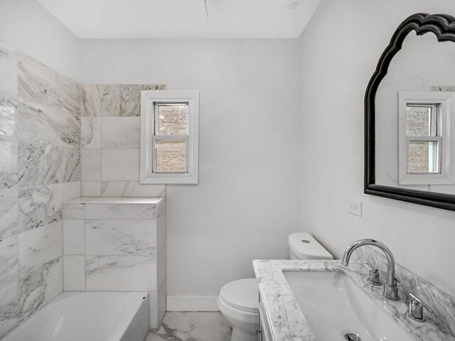 bathroom featuring a bathing tub, plenty of natural light, vanity, and toilet