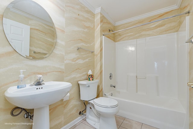 bathroom featuring tile patterned flooring, toilet, shower / bathtub combination, and ornamental molding