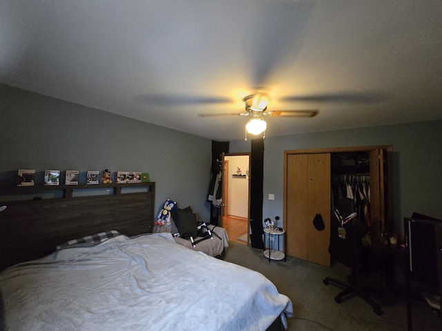 carpeted bedroom with ceiling fan and a closet