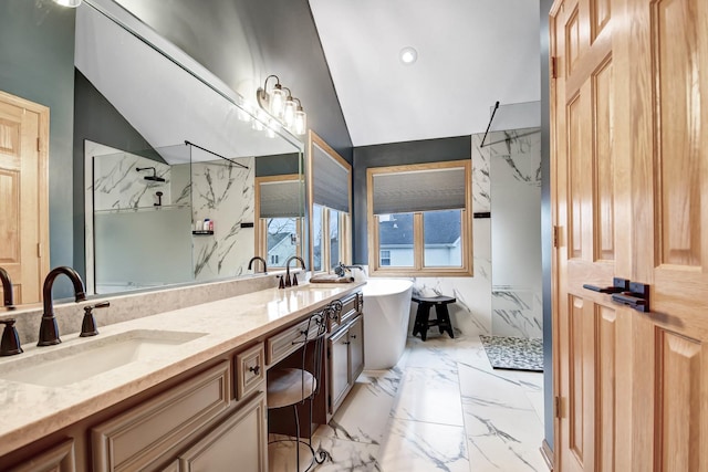 bathroom featuring separate shower and tub, lofted ceiling, and vanity