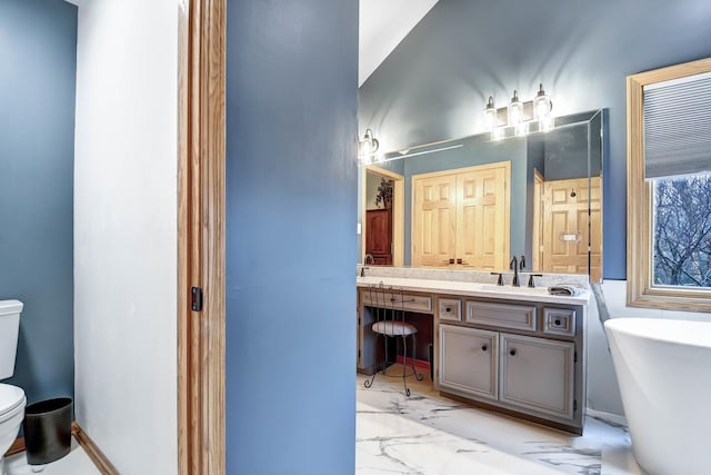 bathroom with toilet, a bathing tub, and vanity