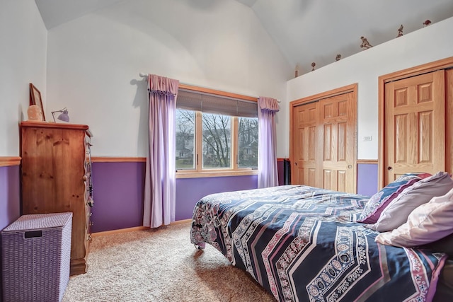 bedroom featuring a closet, high vaulted ceiling, and carpet flooring