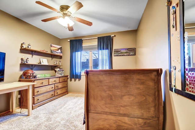 bedroom with ceiling fan and carpet