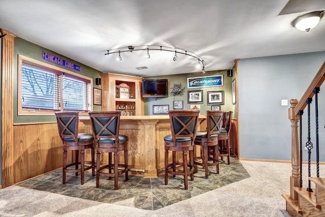 bar with dark carpet and wood walls