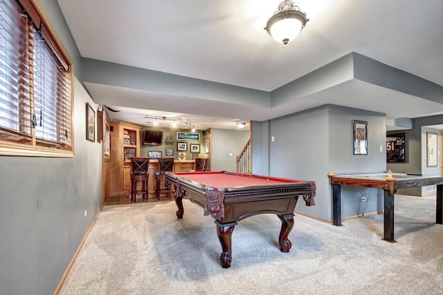 playroom with indoor bar, billiards, and carpet