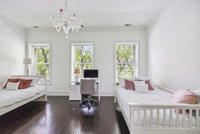 bedroom featuring a notable chandelier, ornamental molding, and dark hardwood / wood-style floors