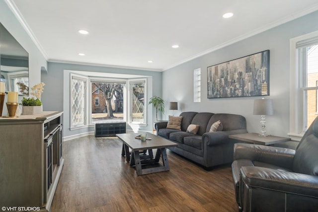 living room with crown molding and dark hardwood / wood-style floors