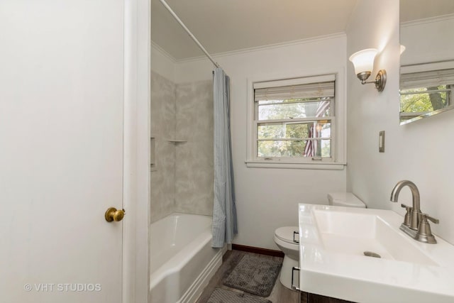 bathroom with ornamental molding, shower / tub combo, plenty of natural light, and toilet