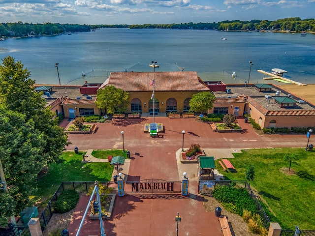 drone / aerial view featuring a water view