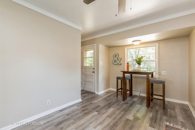 interior space featuring crown molding, wood finished floors, a ceiling fan, and baseboards