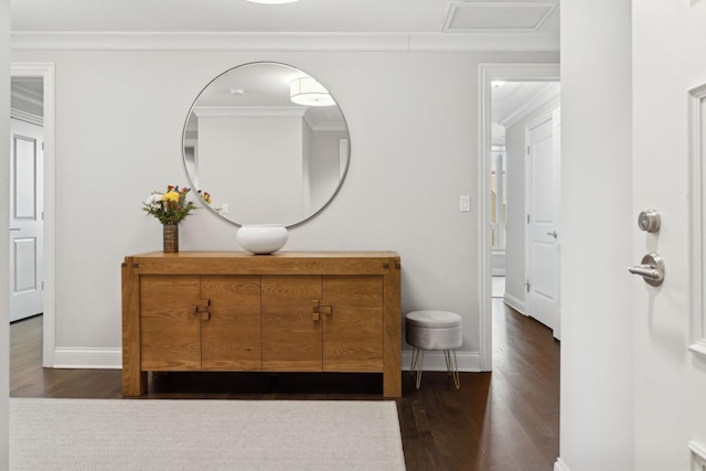 bathroom with hardwood / wood-style flooring, crown molding, and vanity