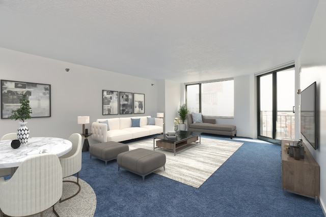 carpeted living room featuring a textured ceiling