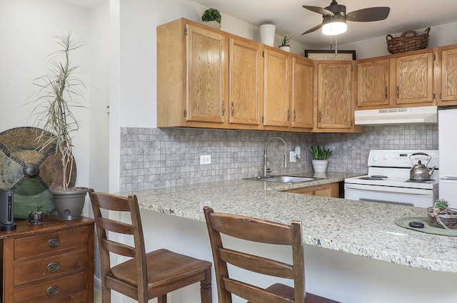 kitchen with backsplash, a kitchen breakfast bar, sink, white electric stove, and kitchen peninsula