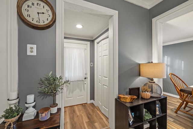 entryway featuring hardwood / wood-style flooring and crown molding