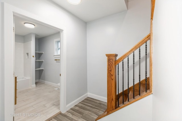 stairs with hardwood / wood-style flooring