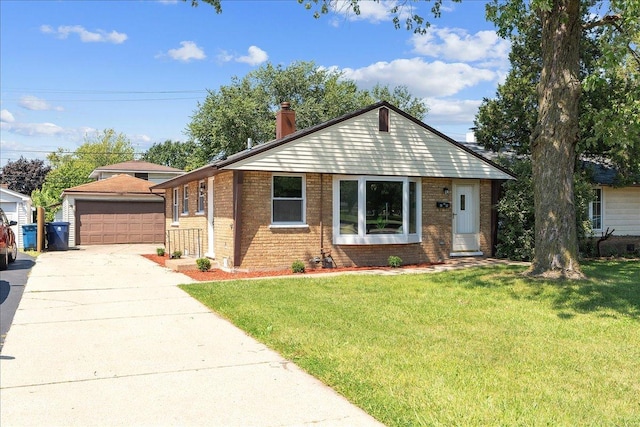 ranch-style house featuring an outbuilding, a front lawn, and a garage