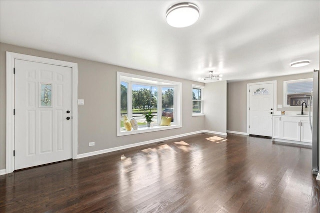 foyer with dark hardwood / wood-style floors, sink, and a chandelier