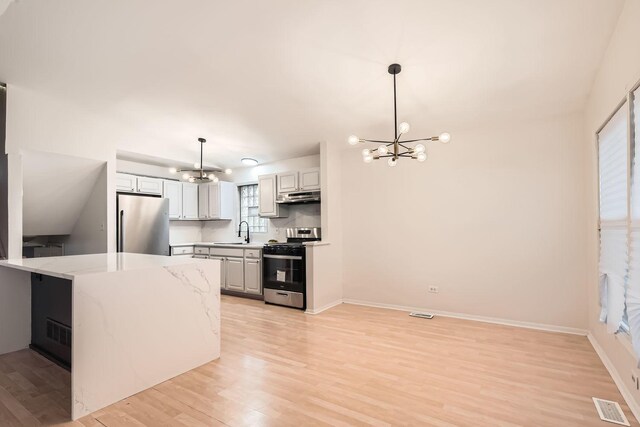 kitchen with stainless steel gas range oven, an inviting chandelier, white cabinets, sink, and a healthy amount of sunlight