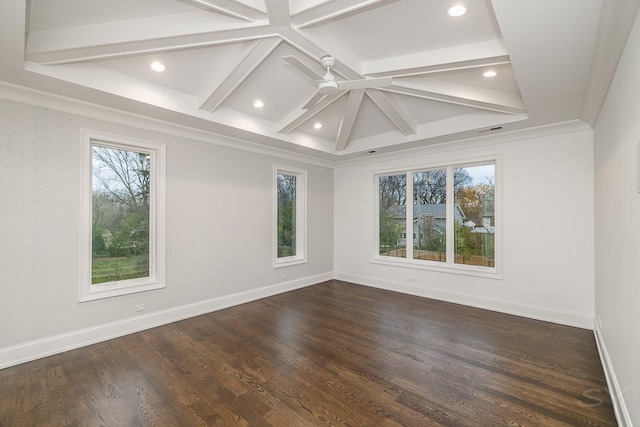 unfurnished room featuring ceiling fan, ornamental molding, dark wood-type flooring, and beam ceiling