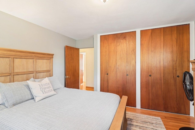 bedroom featuring hardwood / wood-style floors and multiple closets